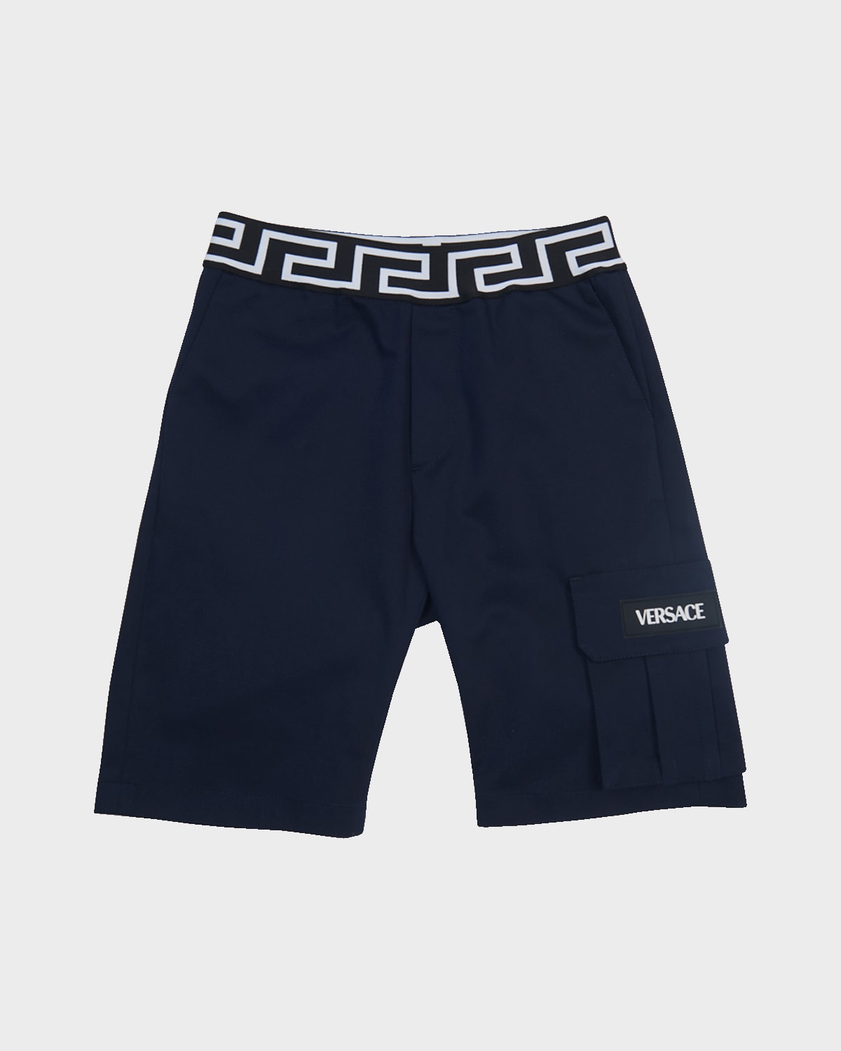 Versace Boy's Greca-waist Gabardine Cargo Shorts In Dark Blue