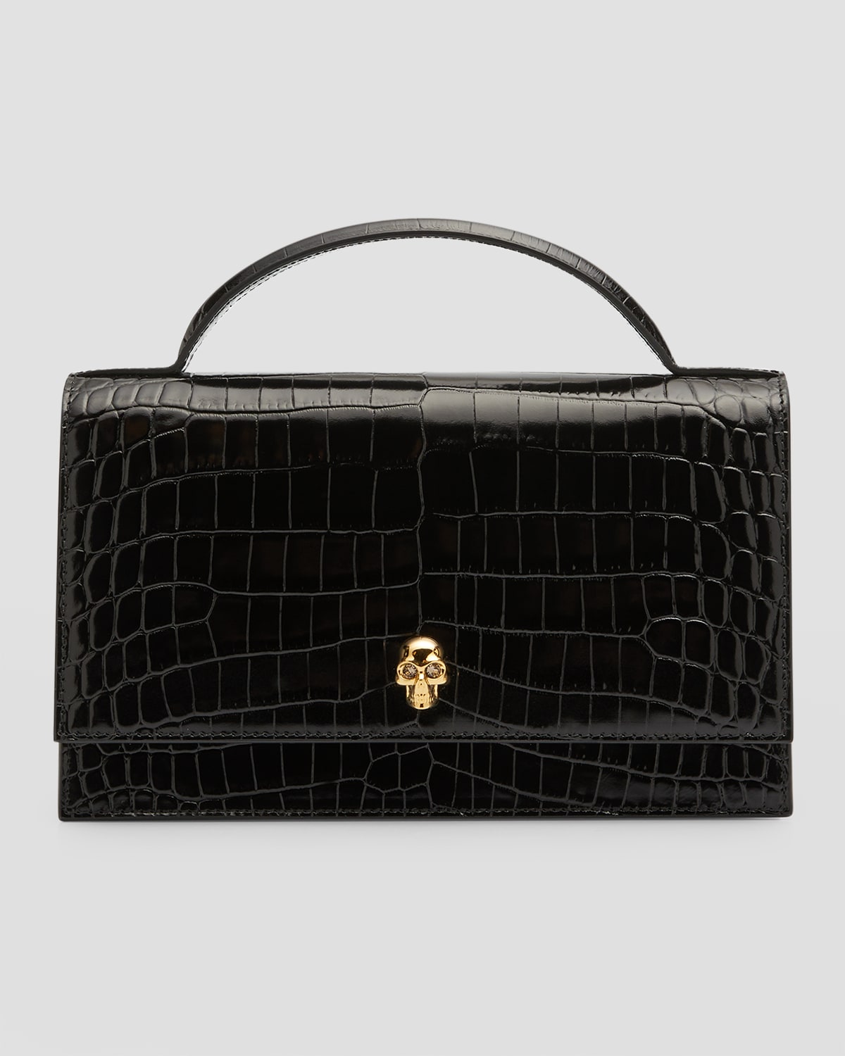 Alexander Mcqueen Medium Skull Croc-embossed Top-handle Bag In 1000 Black