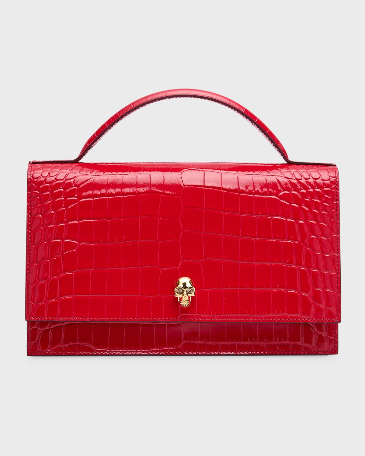 Alexander Mcqueen Medium Skull Croc-embossed Top-handle Bag In Deep Red