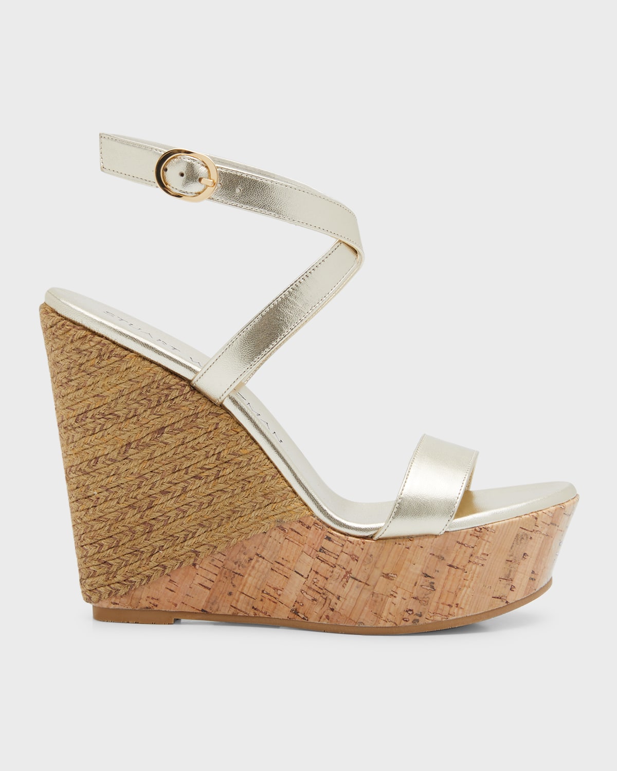 Shop Stuart Weitzman Metallic Ankle-strap Wedge Espadrille Sandals In Platino Natural