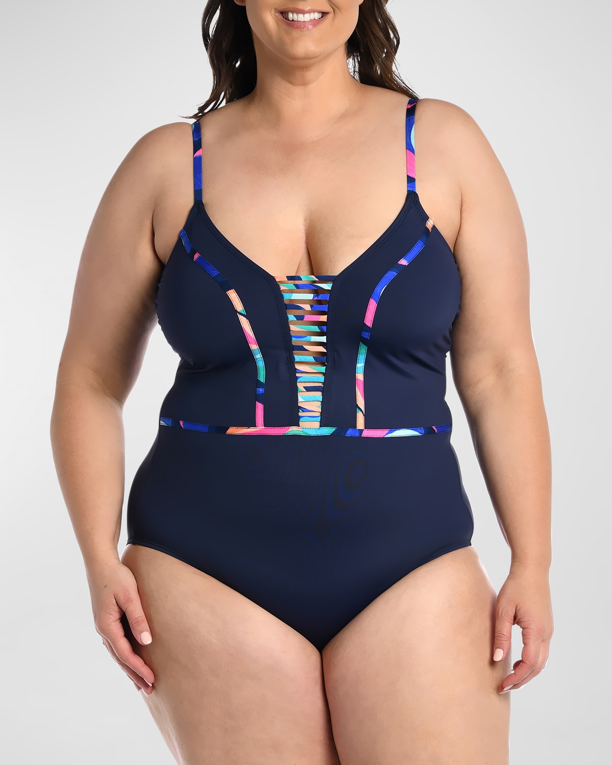 La Blanca Plus Size Painted Plunge Mio One-piece Swimsuit In Multi