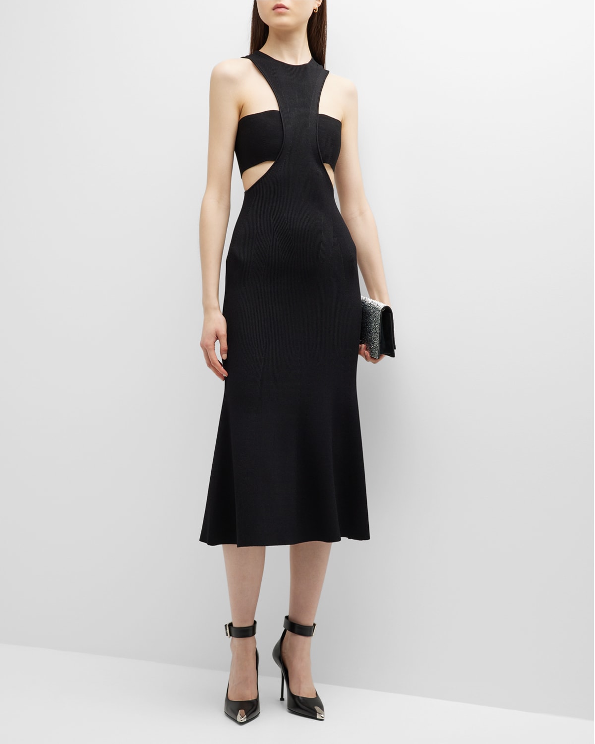 Alexander Mcqueen Black Slashed Harness Midi Dress In Black