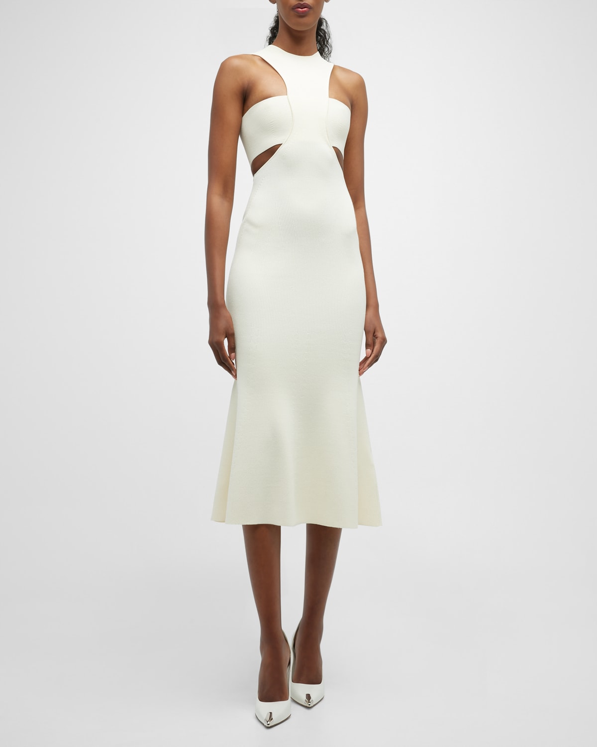 Alexander Mcqueen Off-white Slashed Harness Midi Dress In Ivory