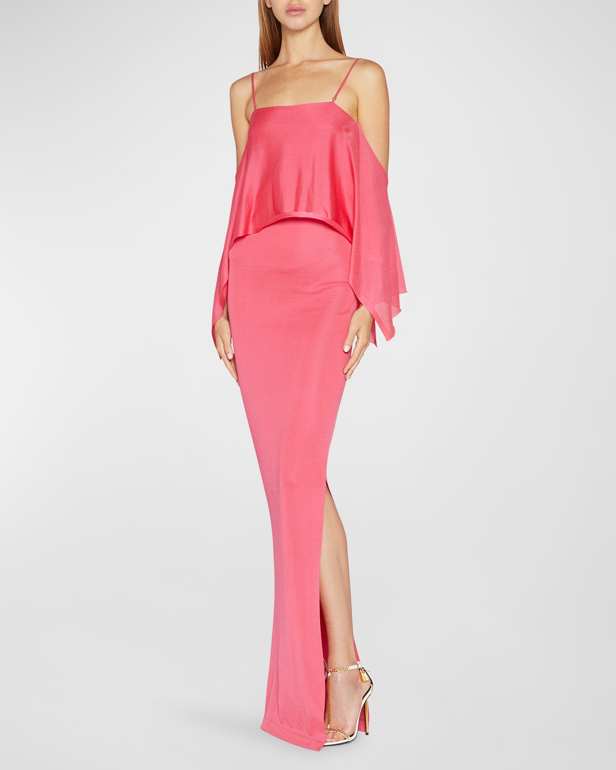 Tom Ford Cold-shoulder Ruffled Stretch-knit Gown In Rosebloom