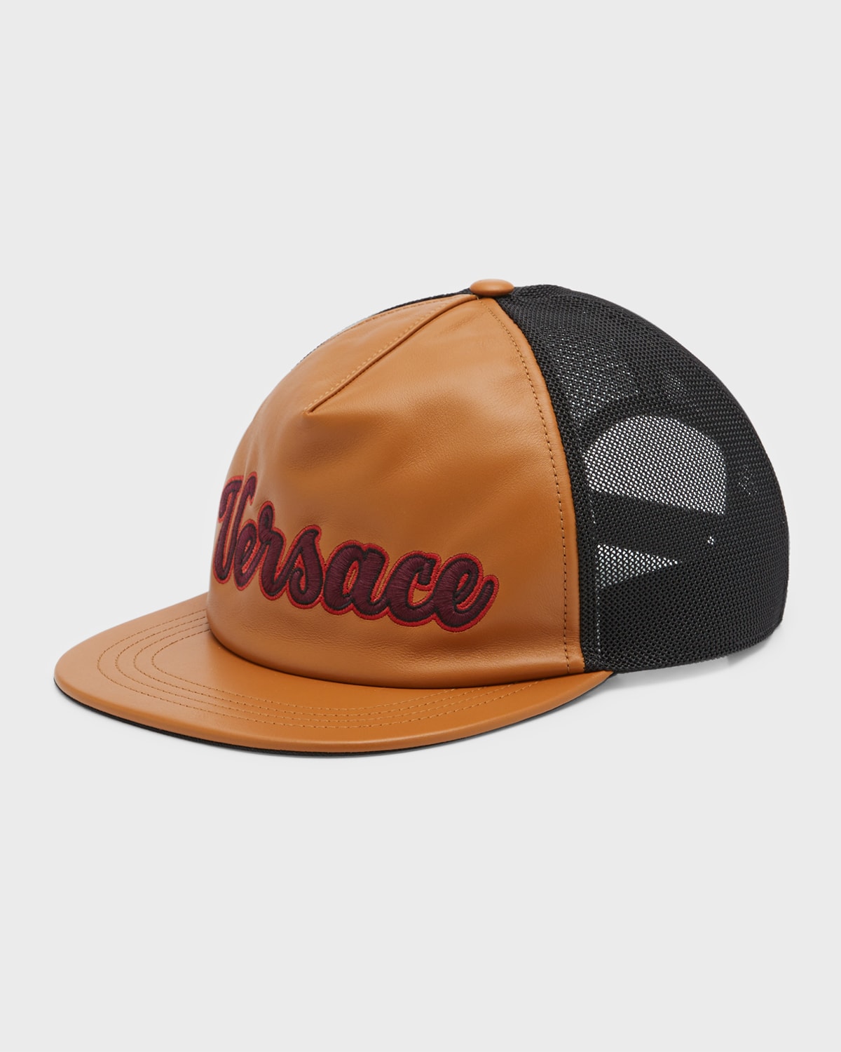 Versace Men's Leather Logo Trucker Hat In Toffee Black