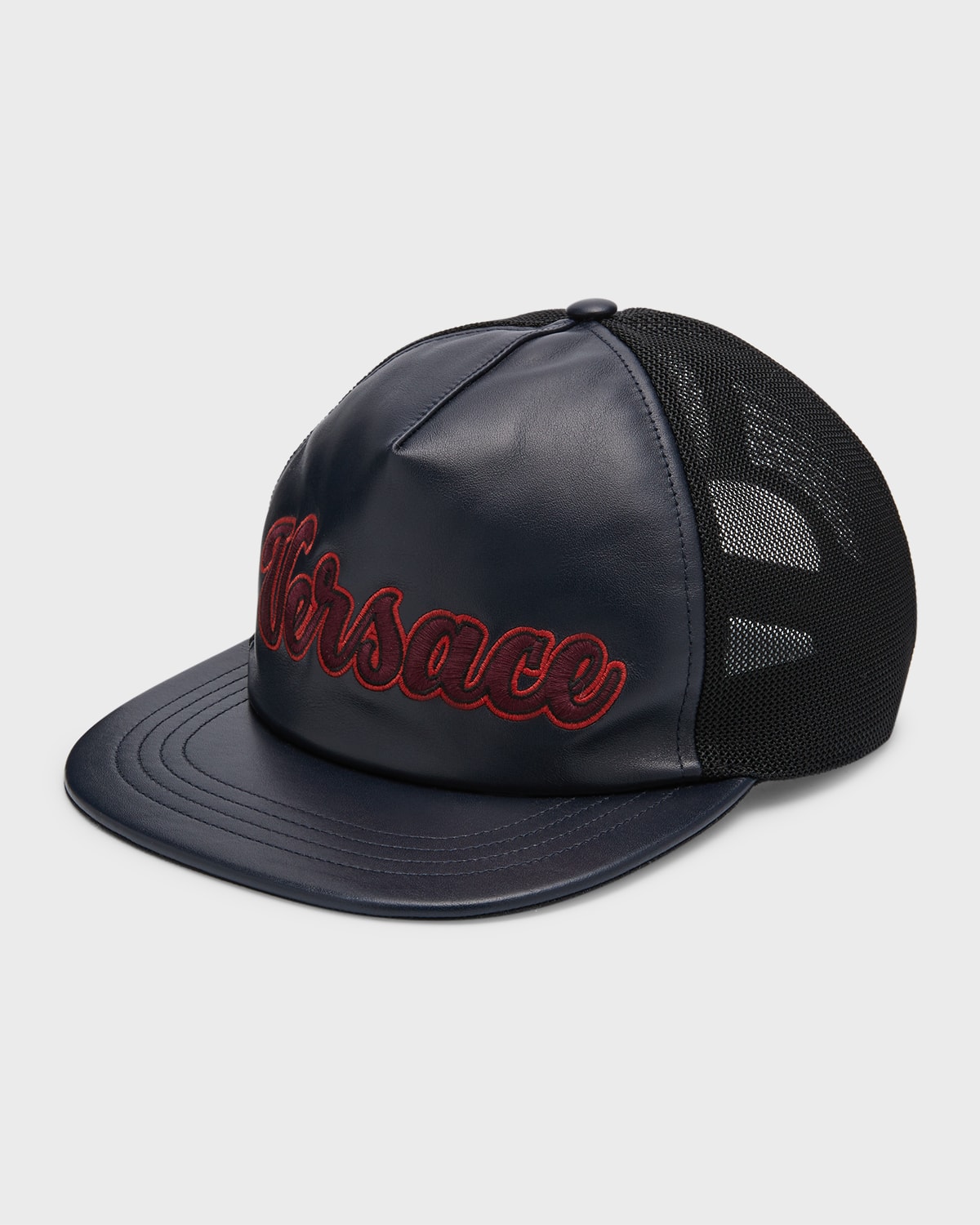Versace Men's Leather Logo Trucker Hat In Navy Black