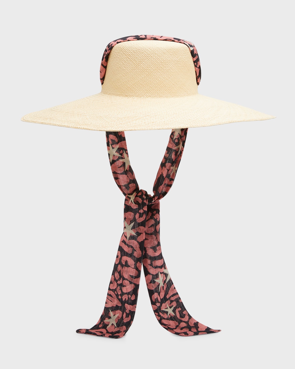 Sensi Studio Cordovan Extra-long Brim Hat With Leopard-print Ribbon In Natural Leopard P