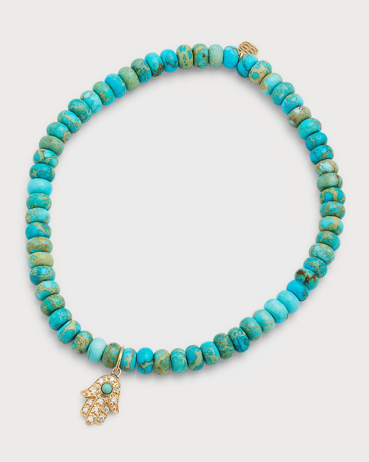4mm Natural Turquoise Smooth Rondelle Bead Bracelet with Diamond Hamsa Charm