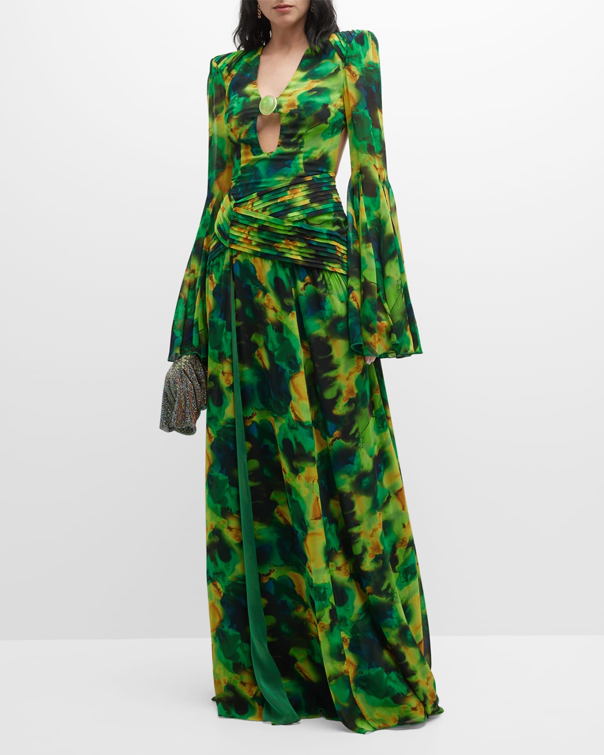 Bell Sleeve Printed Gown w/ Cutout Detail