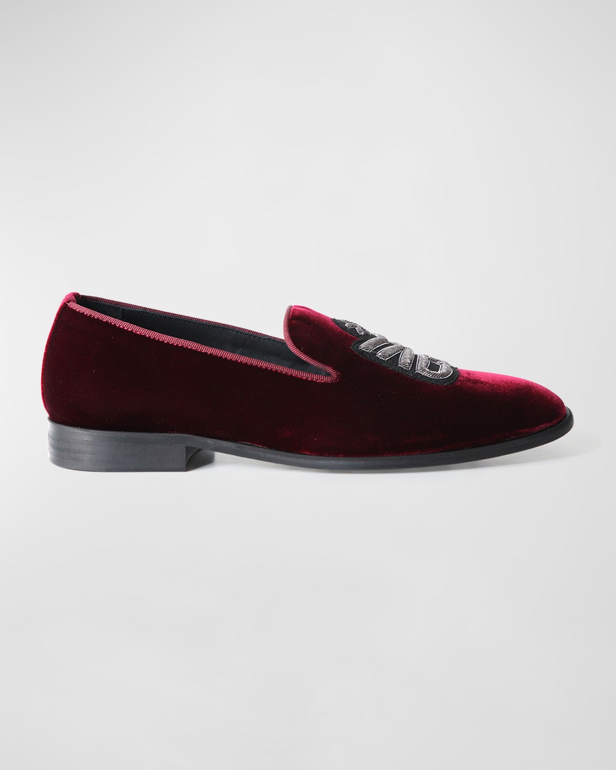 Bikkembergs Men's Monogram Velvet Smoking Slippers In Burgundy