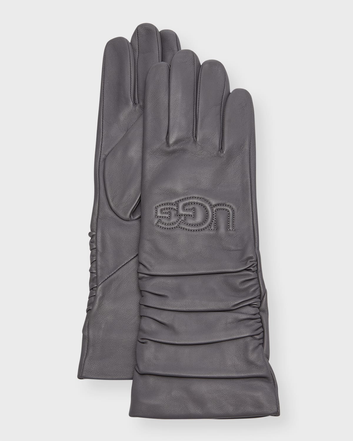 Ugg Scrunched Leather Gloves With Logo In Mtl Metal