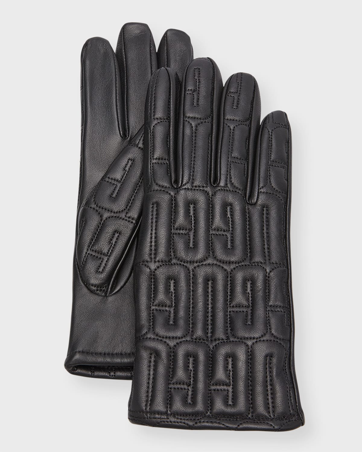 Ugg Quilted Logo Leather & Cashmere Gloves In Black
