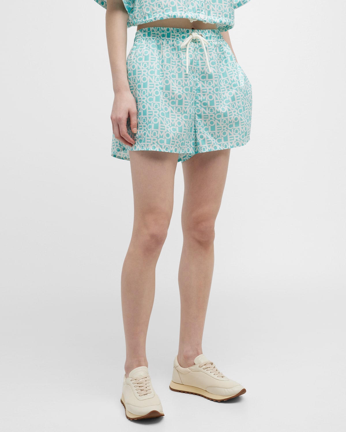 Moncler Drawstring-waist Logo-print Shorts In Aqua