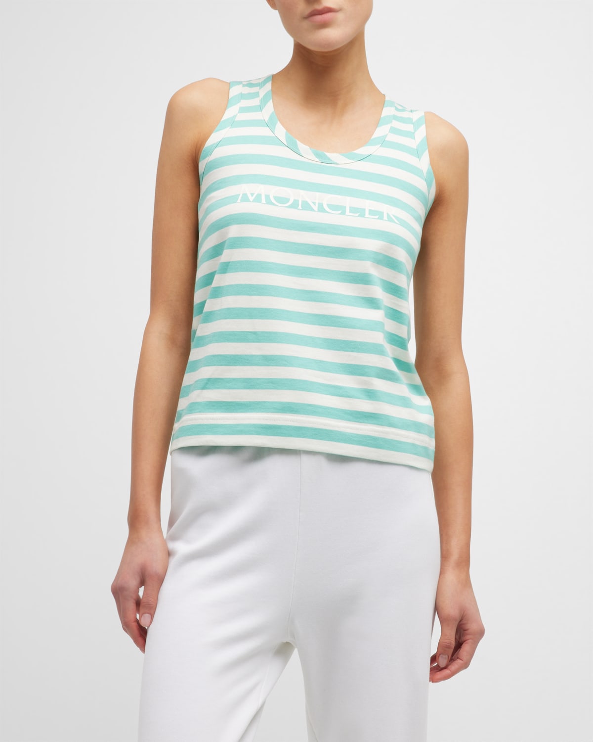 Moncler Mint Green Striped Tank Top With Logo In Bright Green/whit
