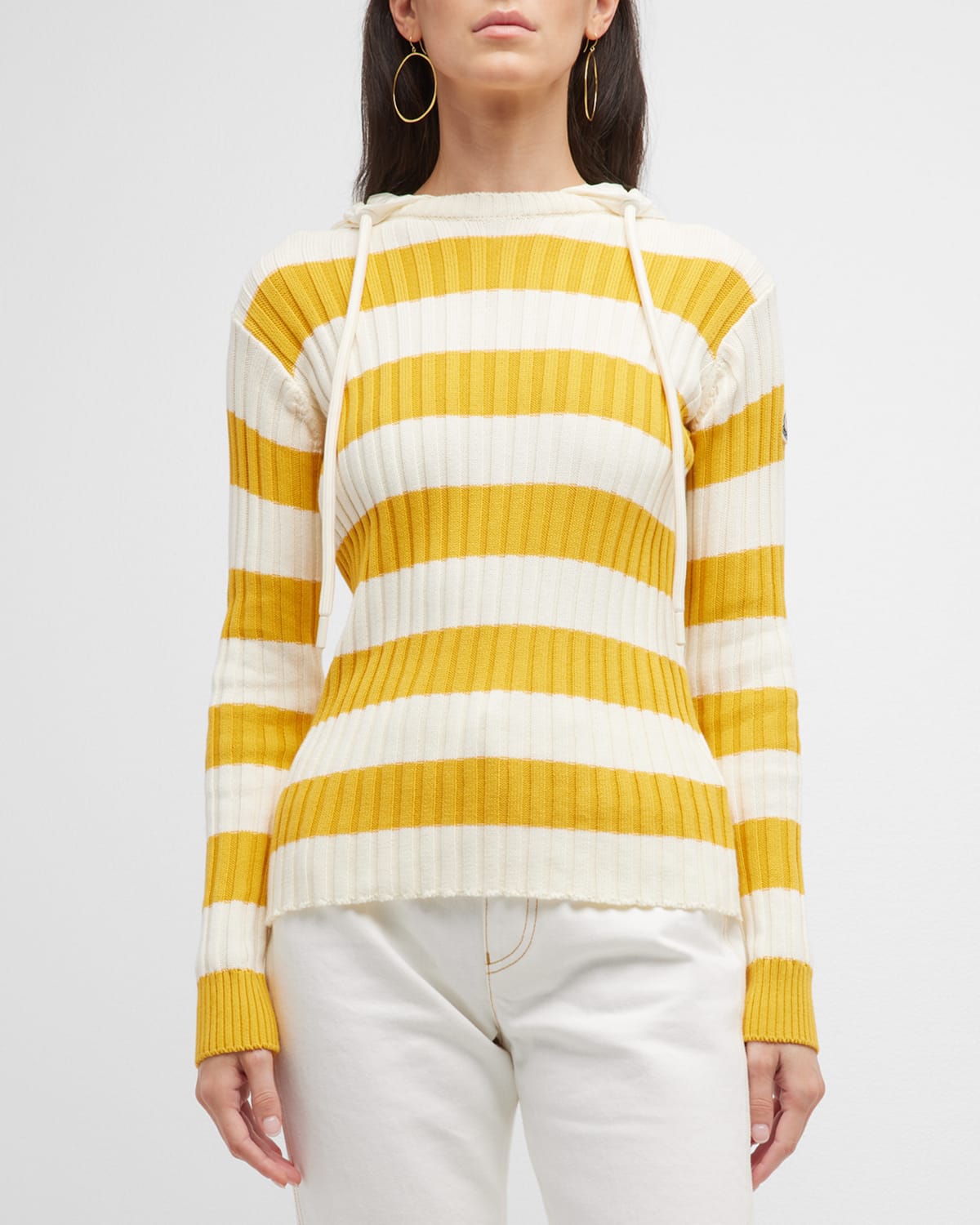 Moncler Striped Knit Hoodie Sweater In Yellow/white Stri