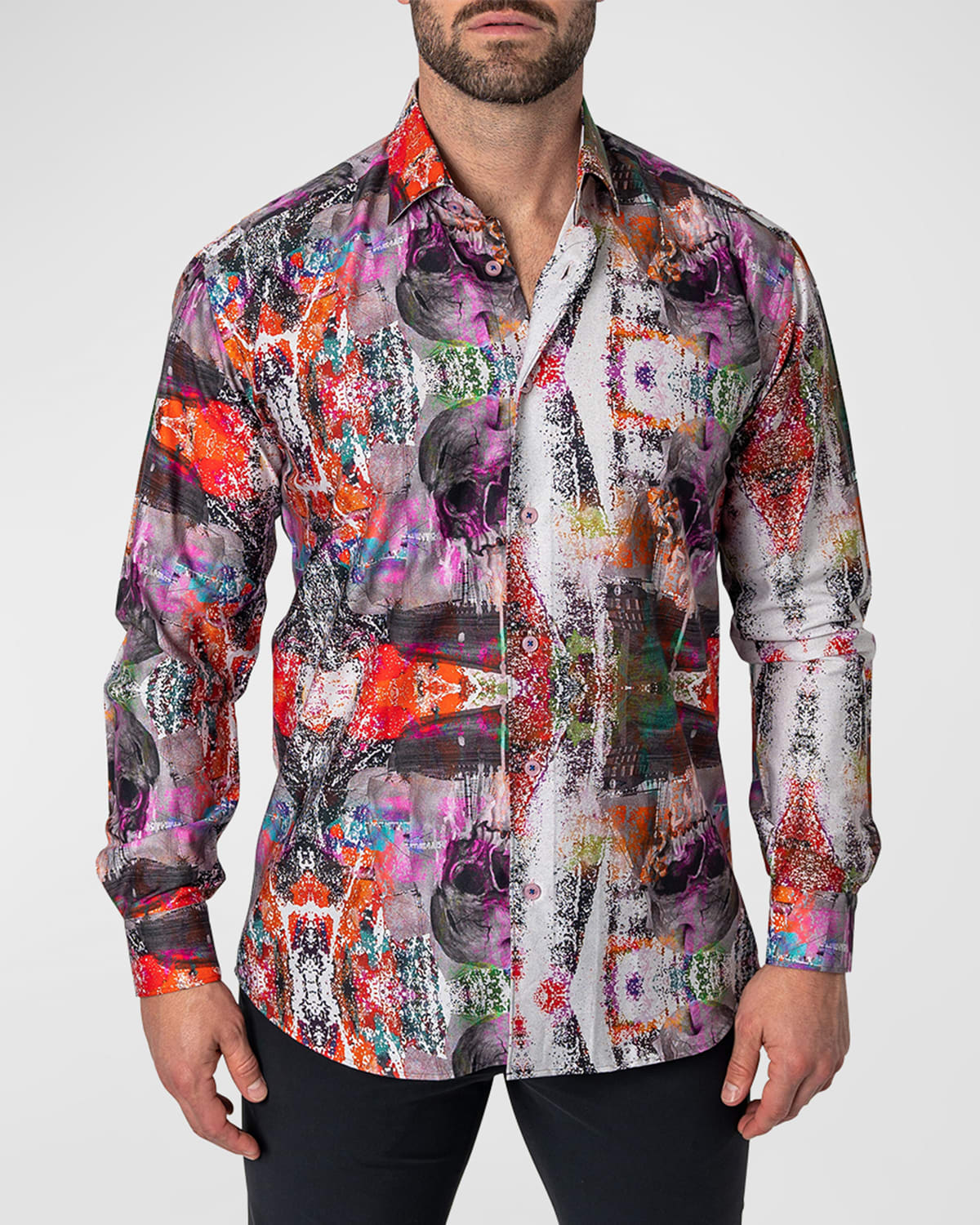 Maceoo Men's Fibonacci Button-Down Shirt, Skull Scramble Multi
