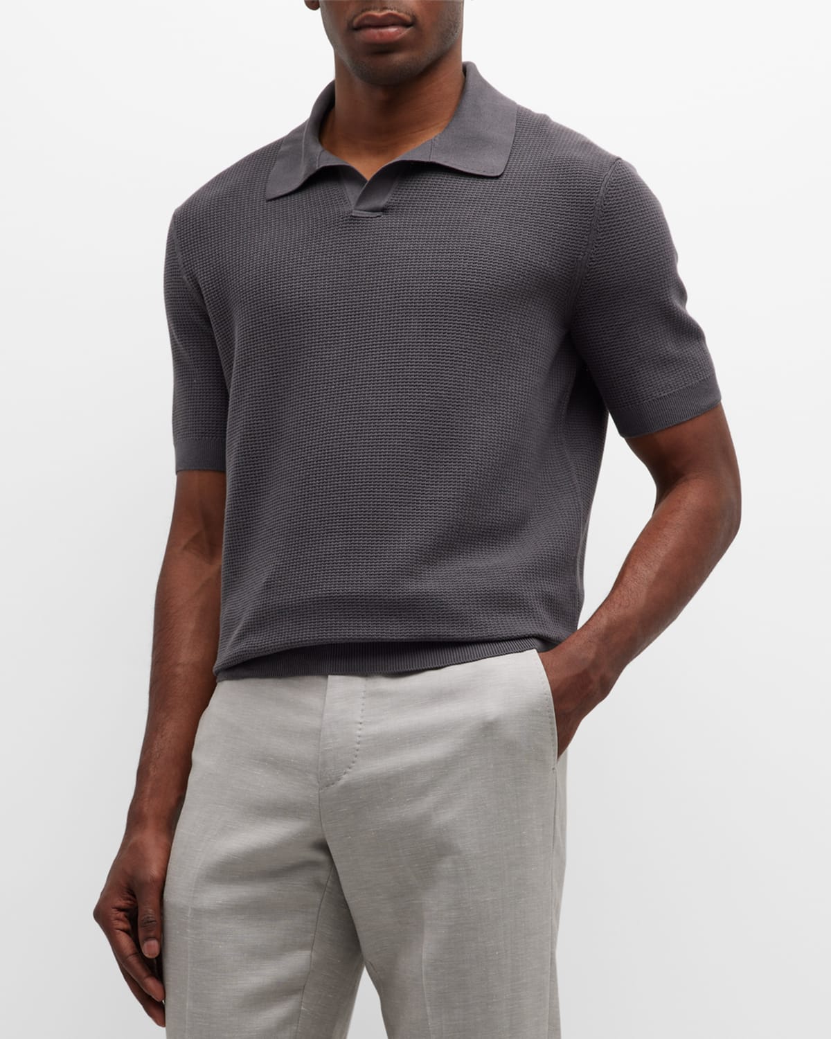 Zegna Men's Cotton Jacquard Short-sleeve Polo Jumper In Dark Grey Solid