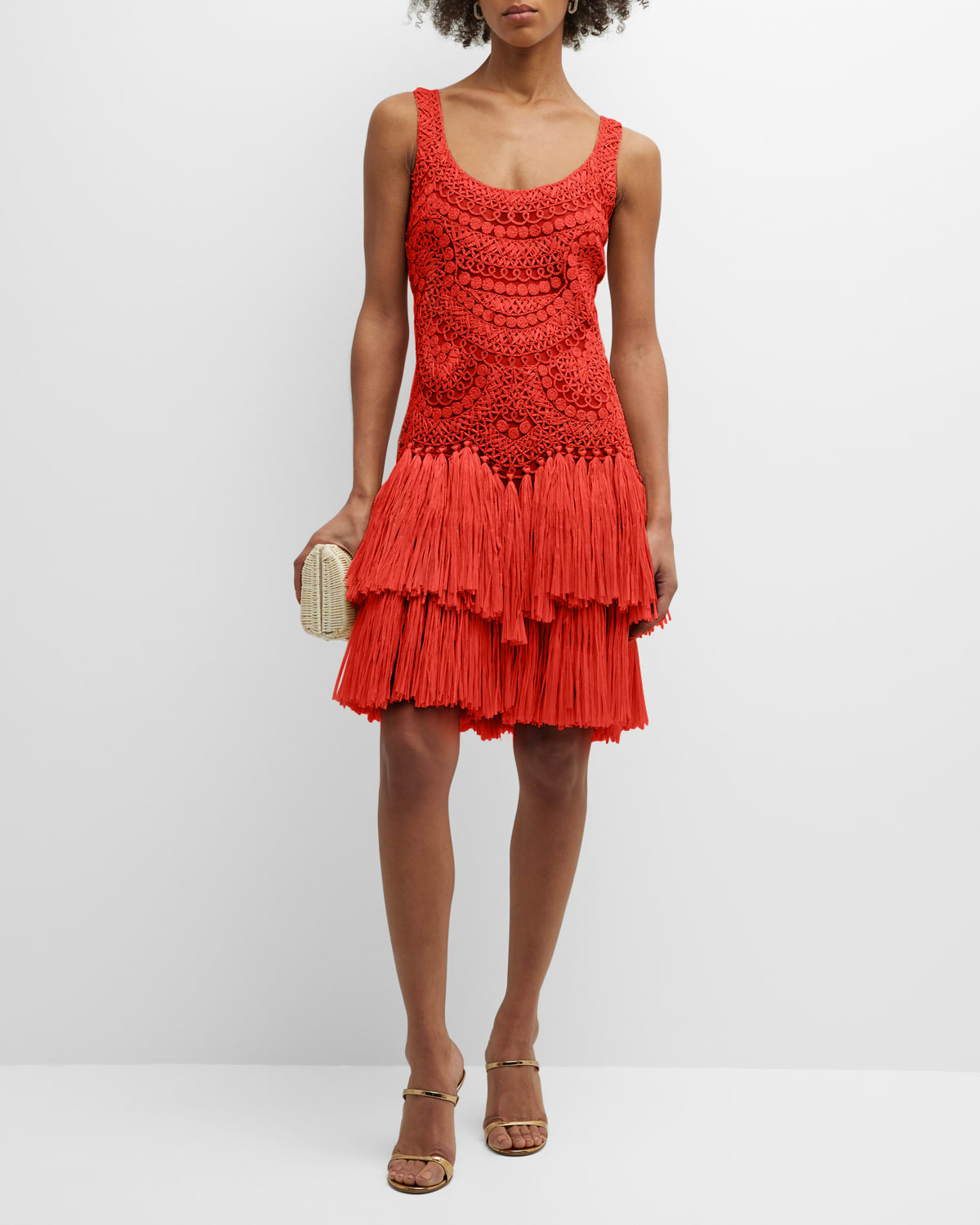 Naeem Khan Raffia Embroidered Tiered Fringe Tunic Dress In Coral | ModeSens