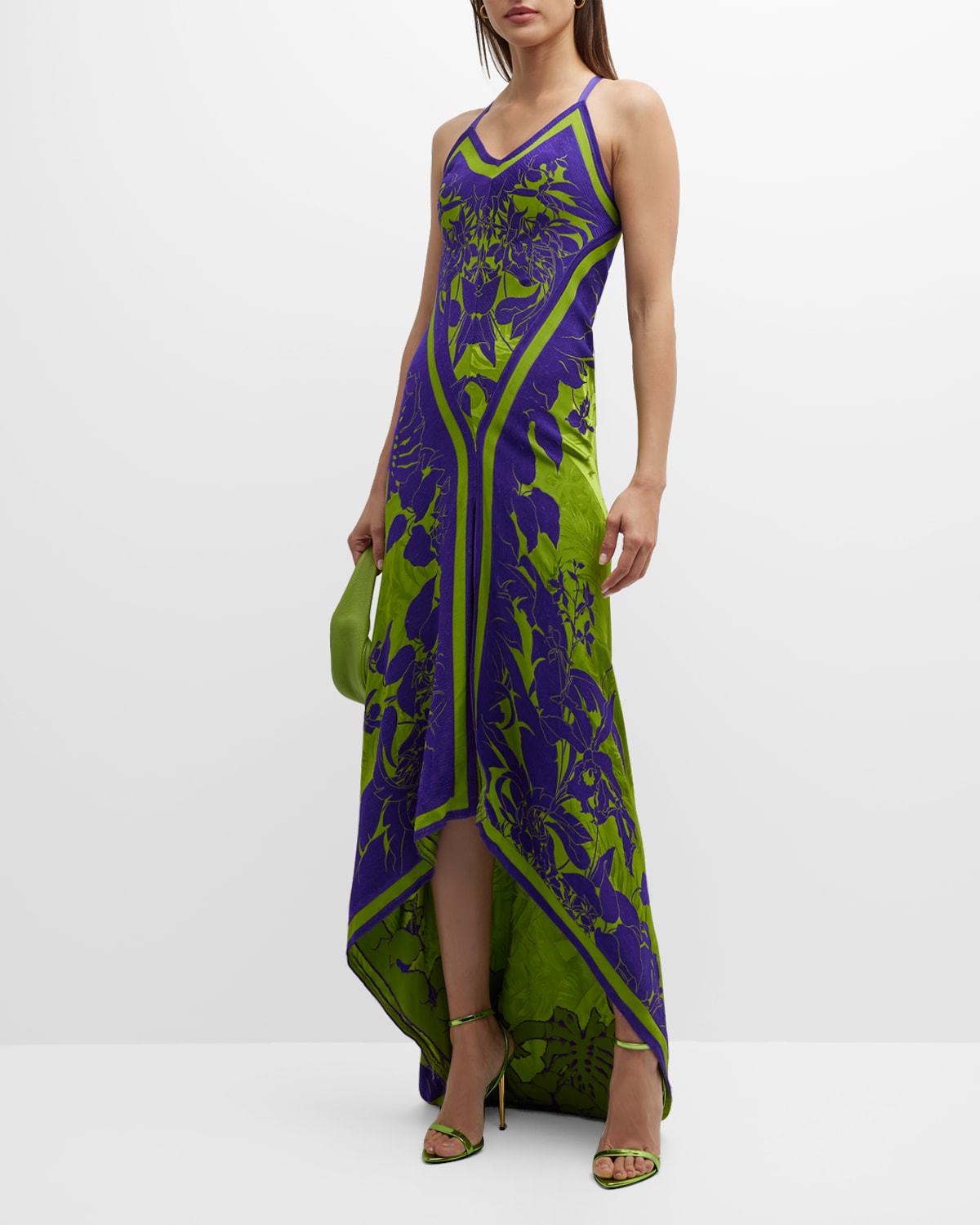 Tropical Handkerchief Slit-Hem Silk Slip Dress