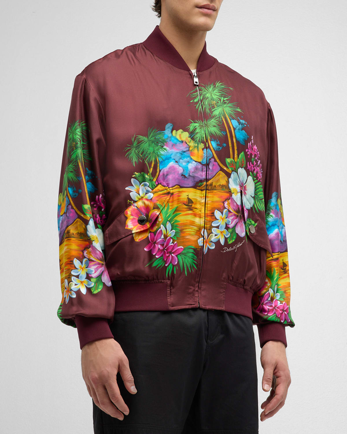 Shop Dolce & Gabbana Men's Hawaiian-print Silk Bomber Jacket In D.redmisc