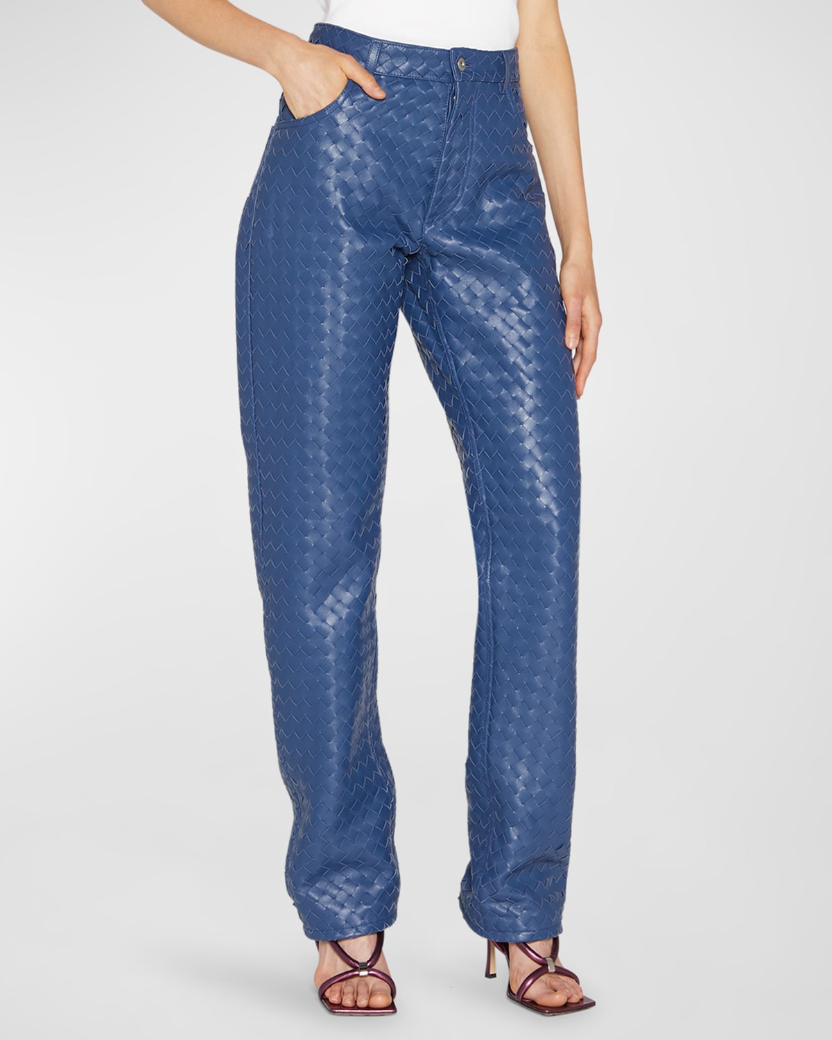 Intrecciato Woven Leather Straight Leg Trousers