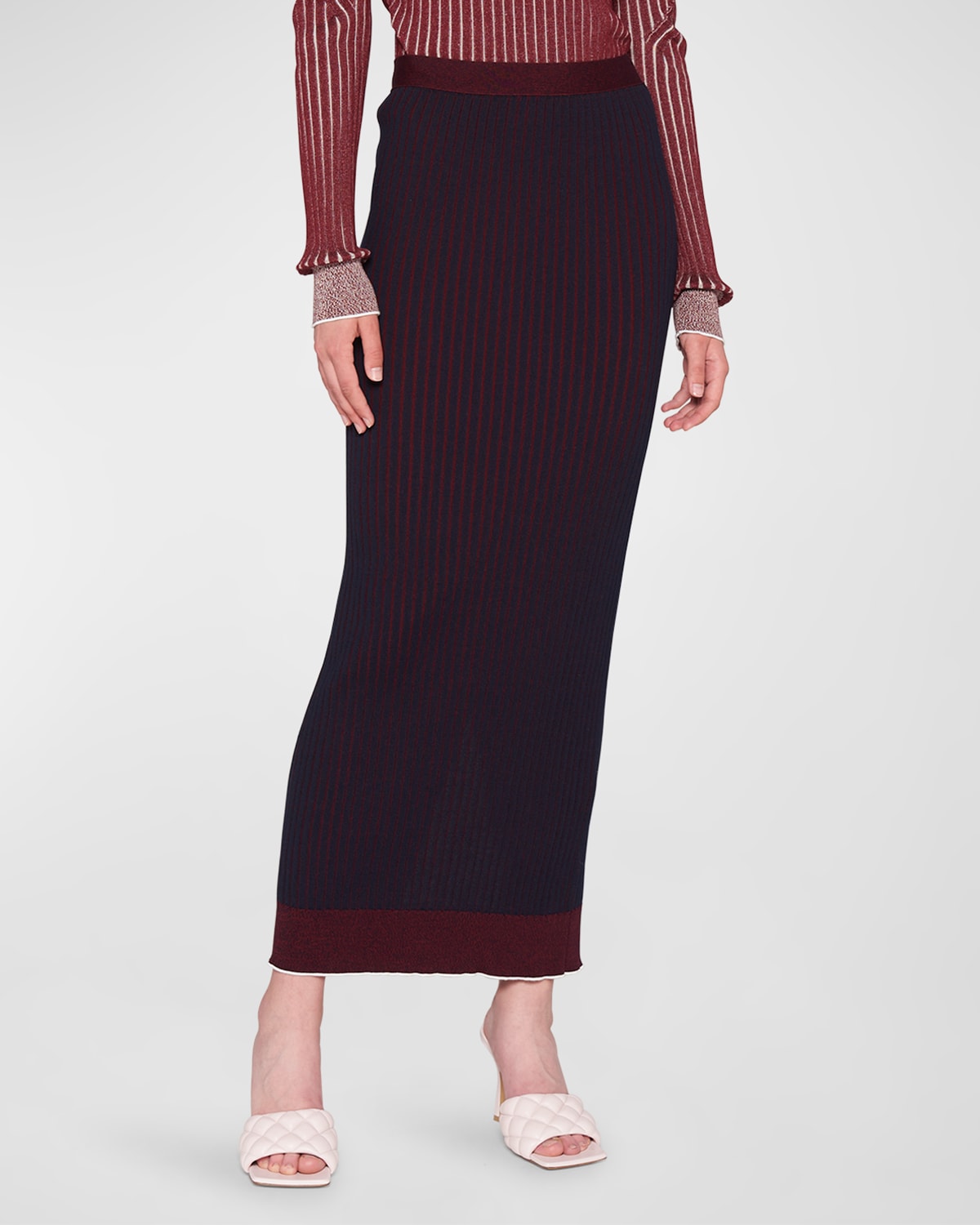 BOTTEGA VENETA SNAP-SLIT BI-COLOR COTTON RIB MAXI SKIRT