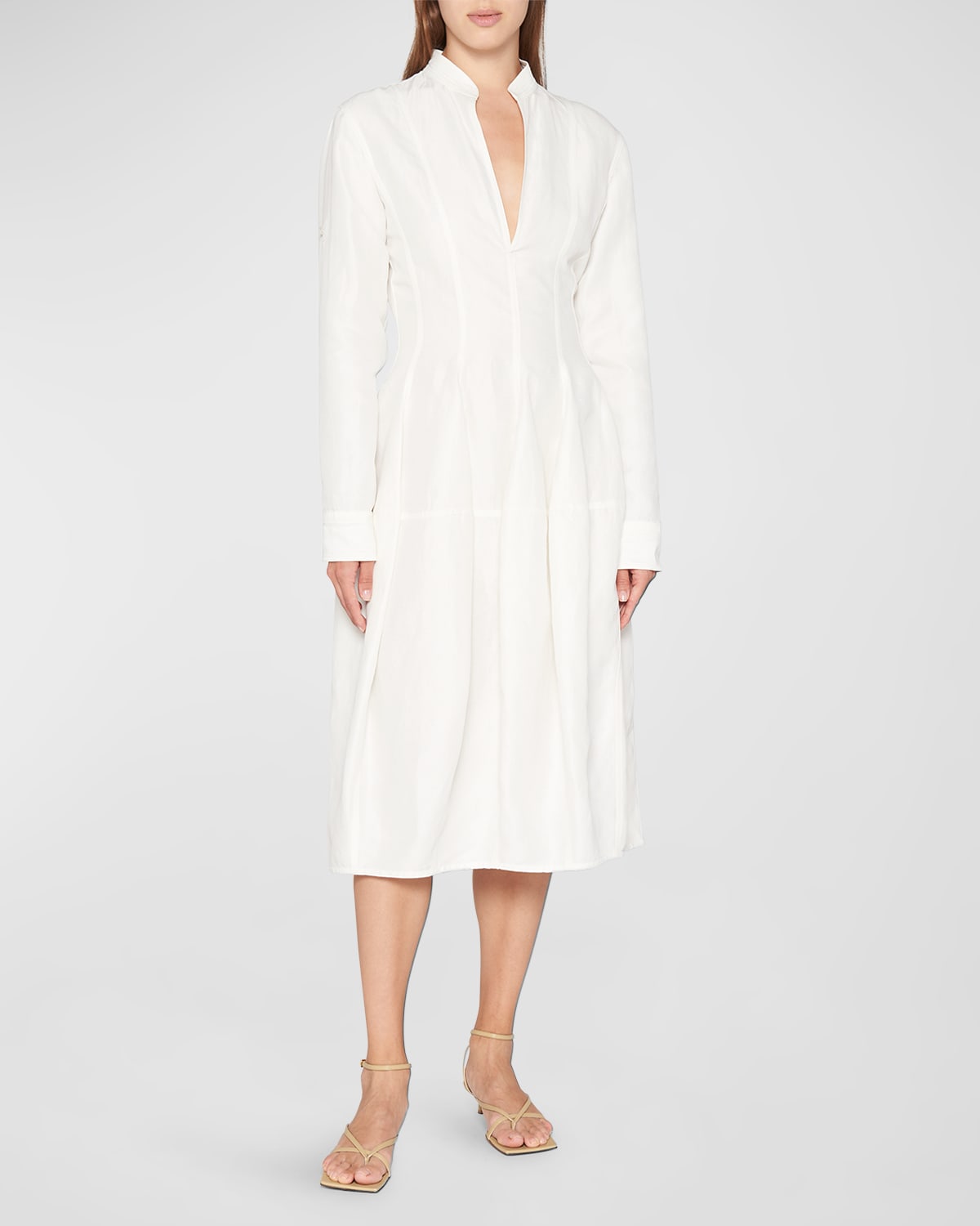 Shop Bottega Veneta Long-sleeve Fit-&-flare Fluid Midi Dress In Chalkwht