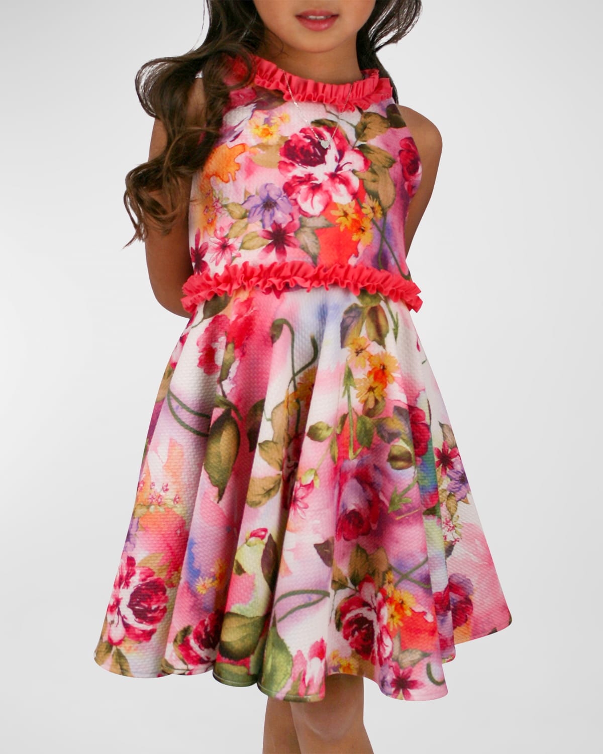Girl's Floral-Print Ruffle Trim Dress, Size 7-14