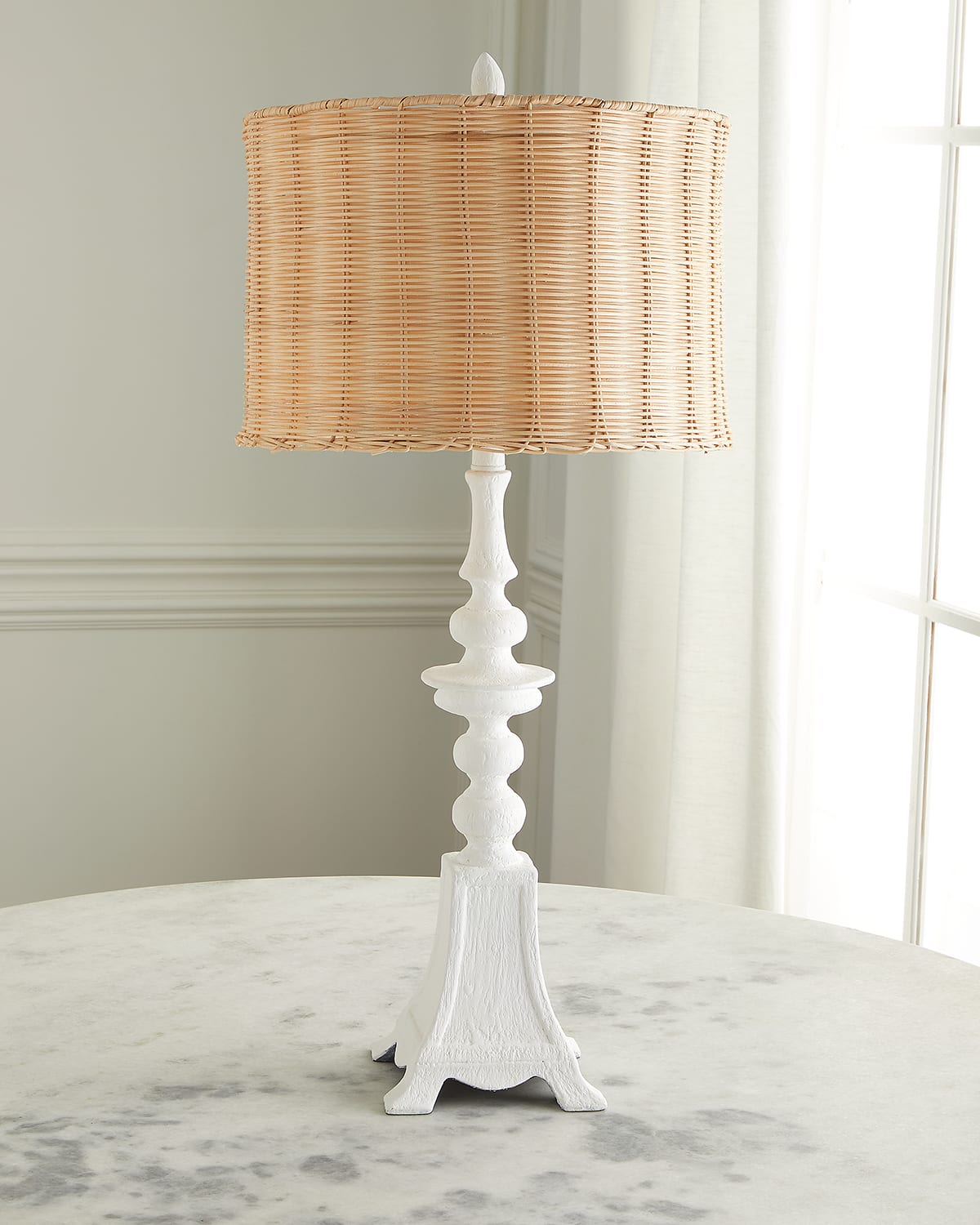 Old World Design Penny White Gesso Table Lamp With Natural Rattan