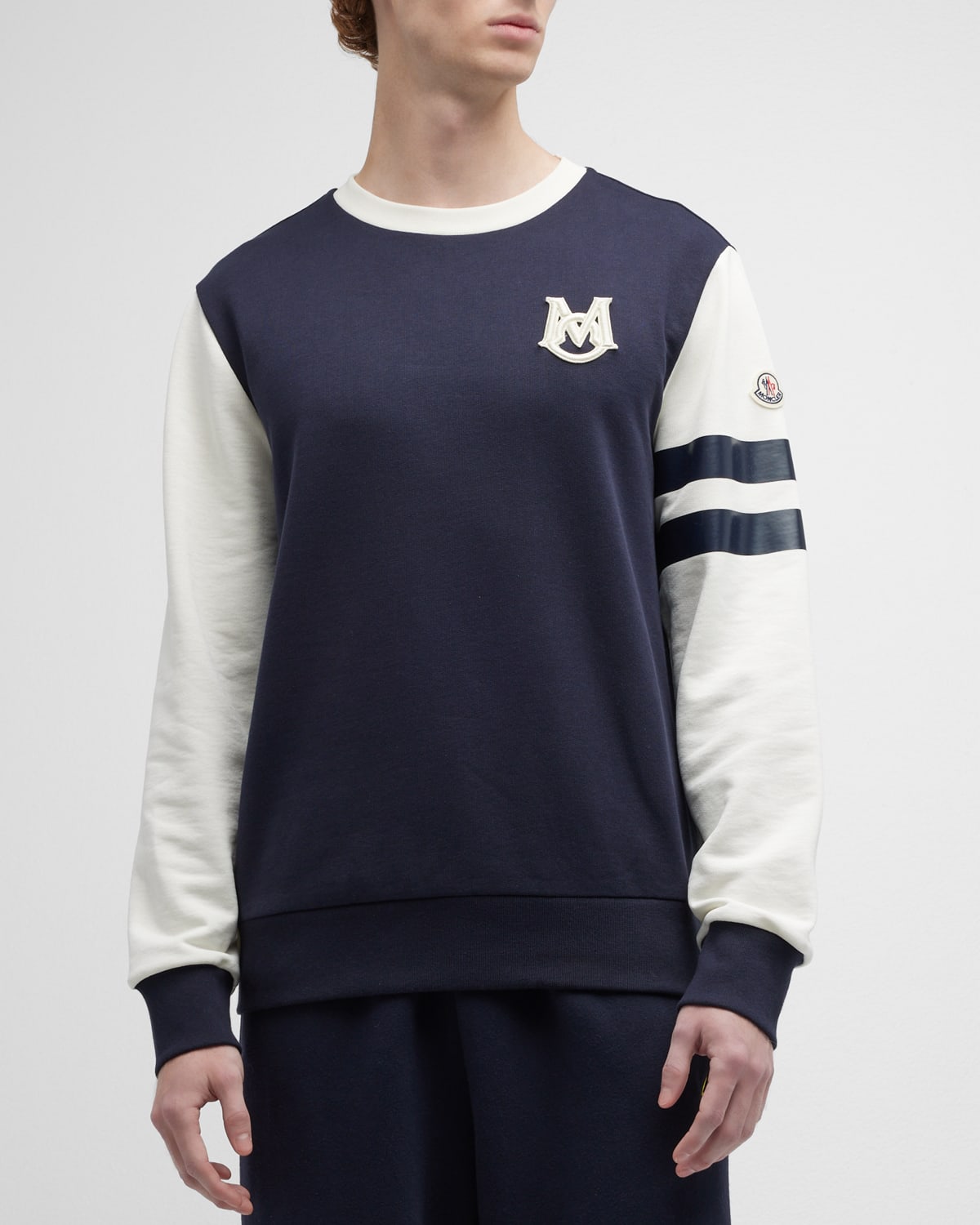 Moncler Men's Striped-Sleeve Monogram Embroidered Sweatshirt
