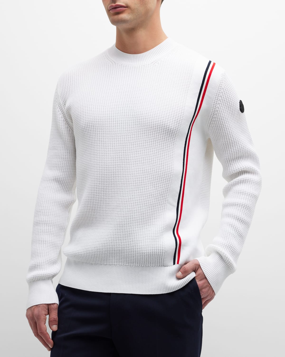 Moncler Men's Tricolor Waffle-knit Sweater In White