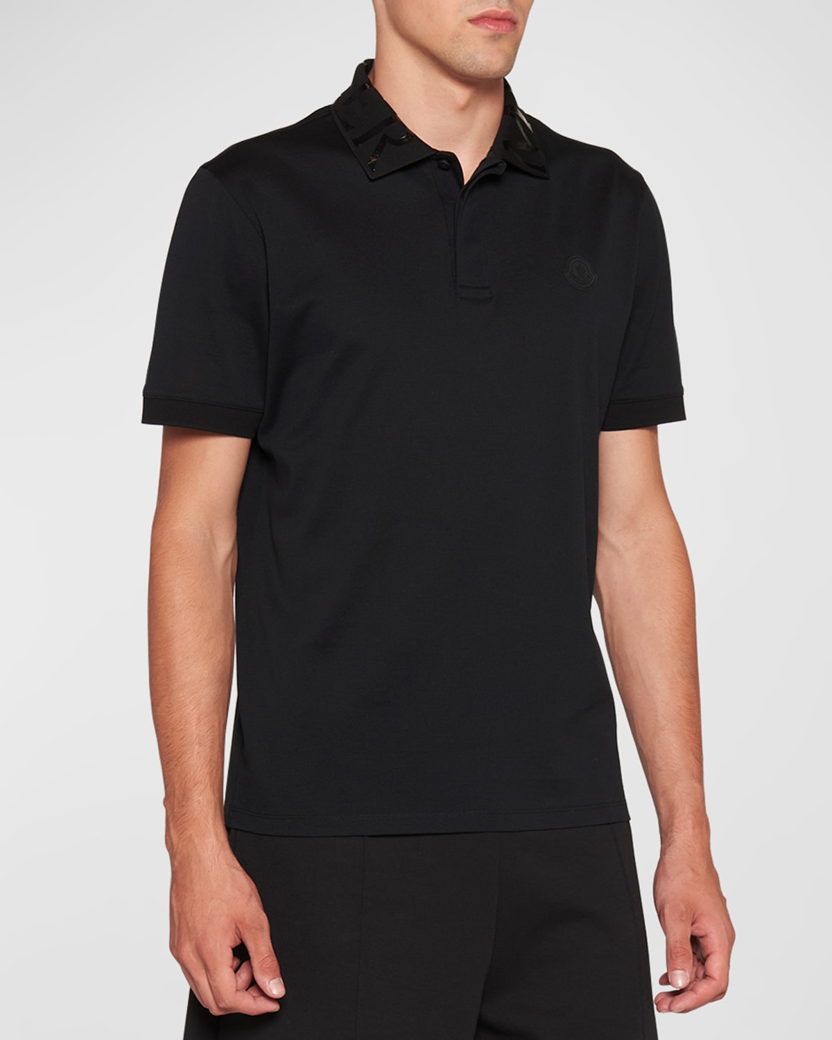 Moncler Men's Shiny Logo-collar Polo Shirt In Black