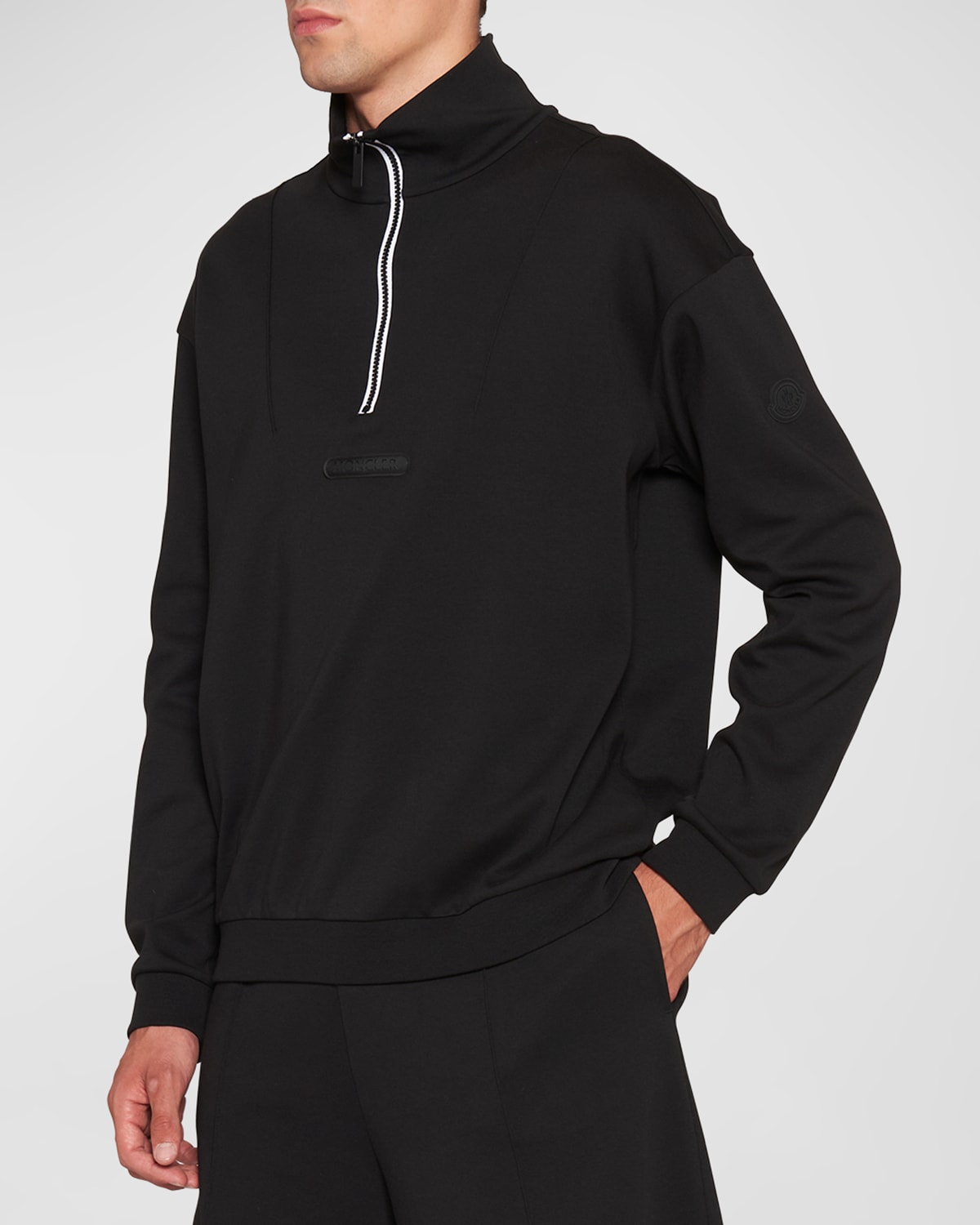 Moncler Mock Neck Half Zip Cotton Jersey Pullover In Black