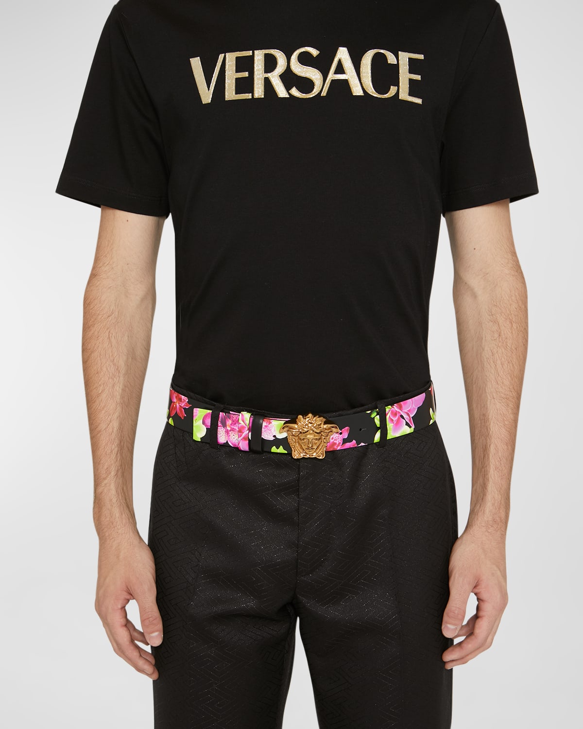 Versace Men's La Medusa Reversible Orchid Print Leather Belt In Blackmulticolorve