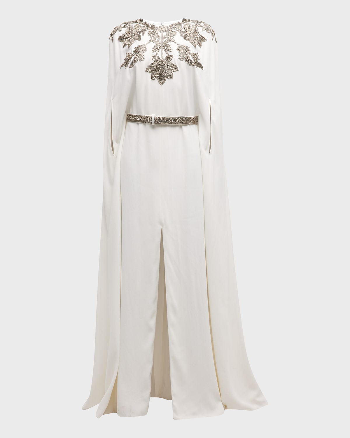 ALEXANDER MCQUEEN SUSTAINABLE LEAF EMBELLISHED CREPE EVENING GOWN WITH CAPE BACK 