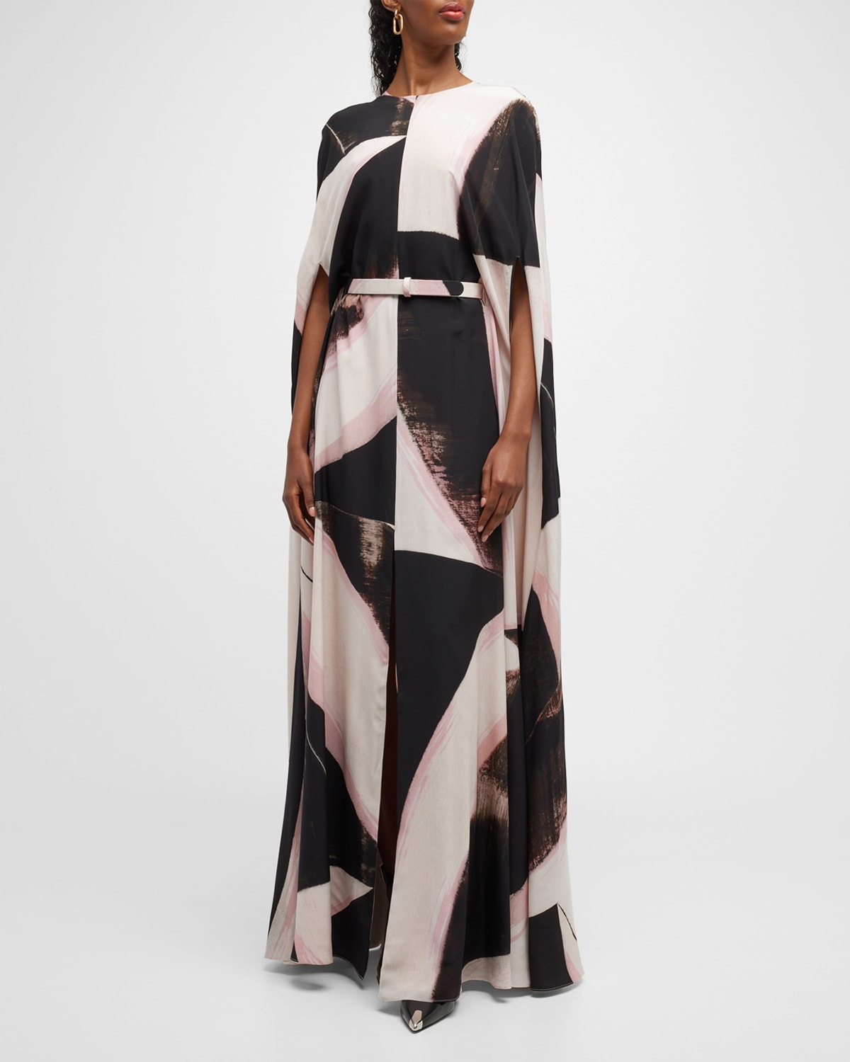 Brushstoke-Print Belted Crepe De chine Cape Gown