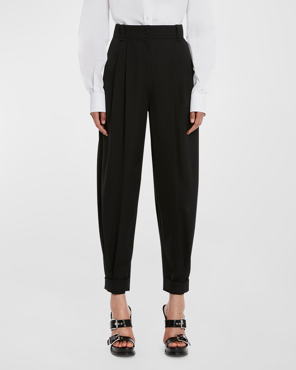 Pleated Tapered Leg Button-Hem Trousers
