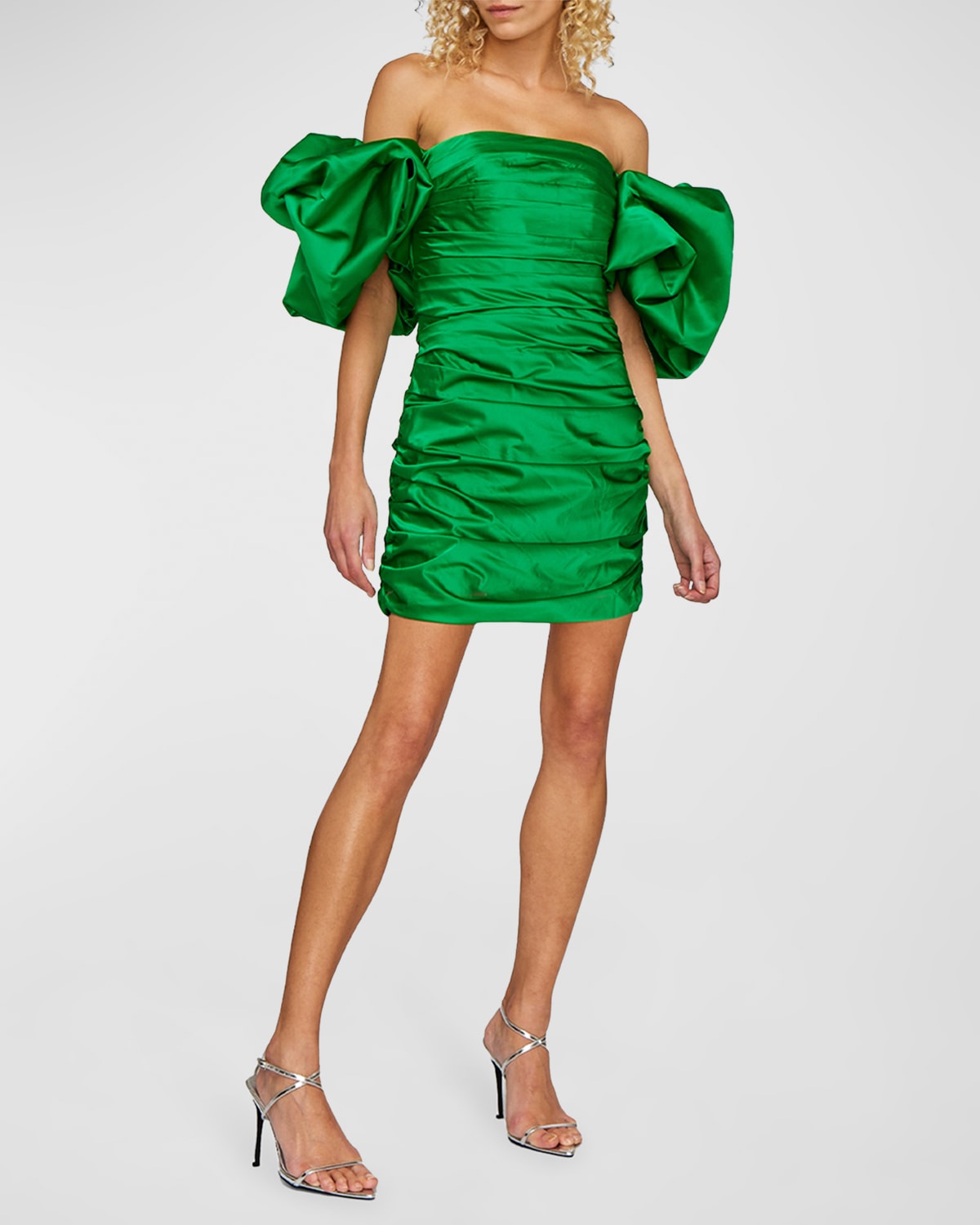Leo Lin Brenda Ruched Puff-sleeve Mini Dress In Jade