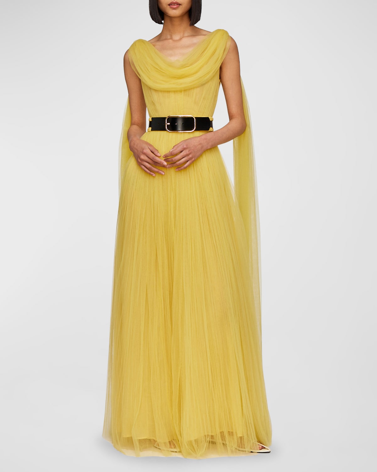 LEO LIN JUNO BELTED COWL-NECK DRAPED TULLE GOWN