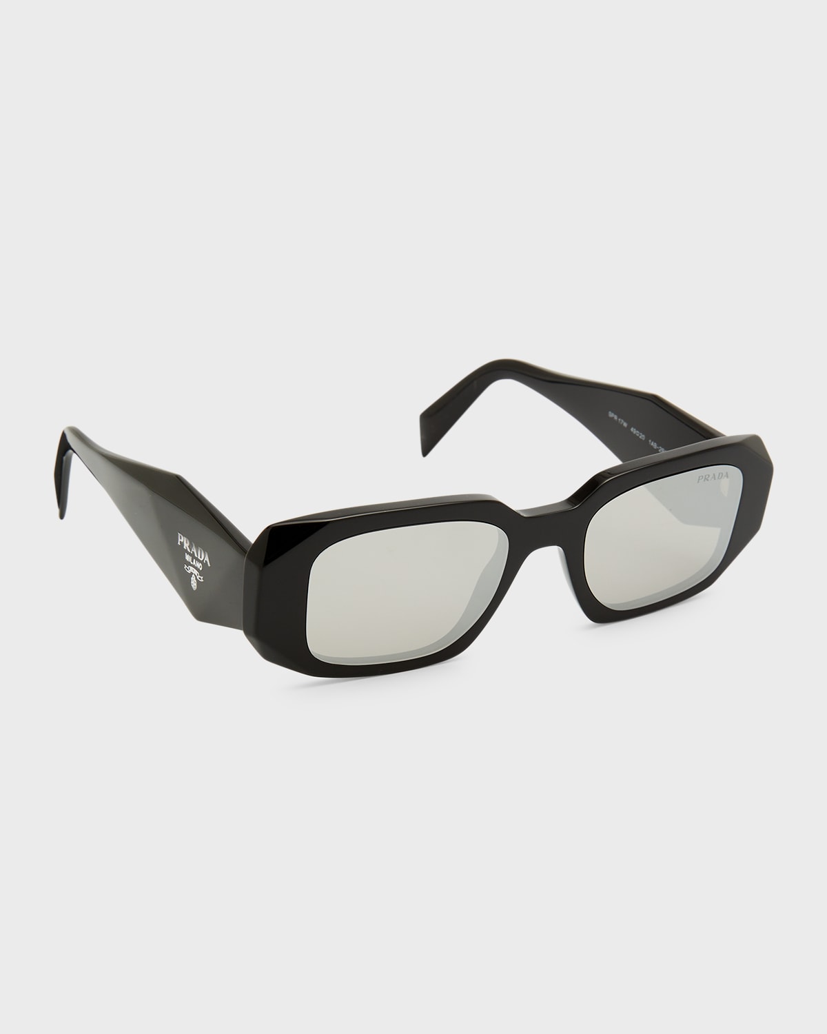 Prada Mirrored Rectangle Acetate Logo Sunglasses In Black/silver Mirror