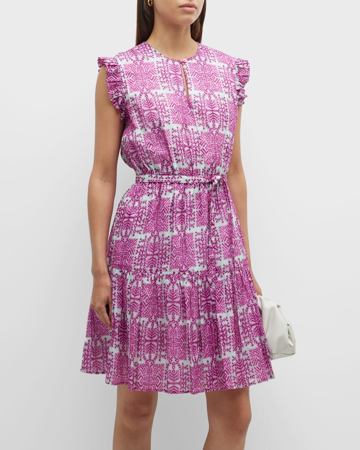 Caroline Sleeveless Geo-Print Ruffle Mini Dress