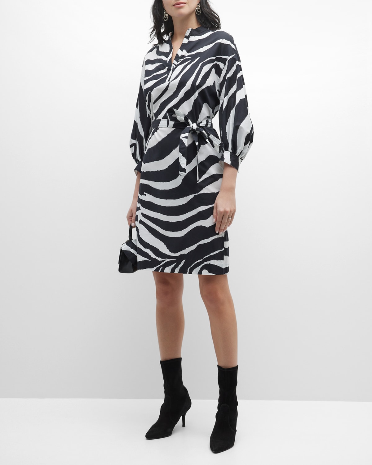 Zebra-Print Blouson-Sleeve Poplin Shirtdress