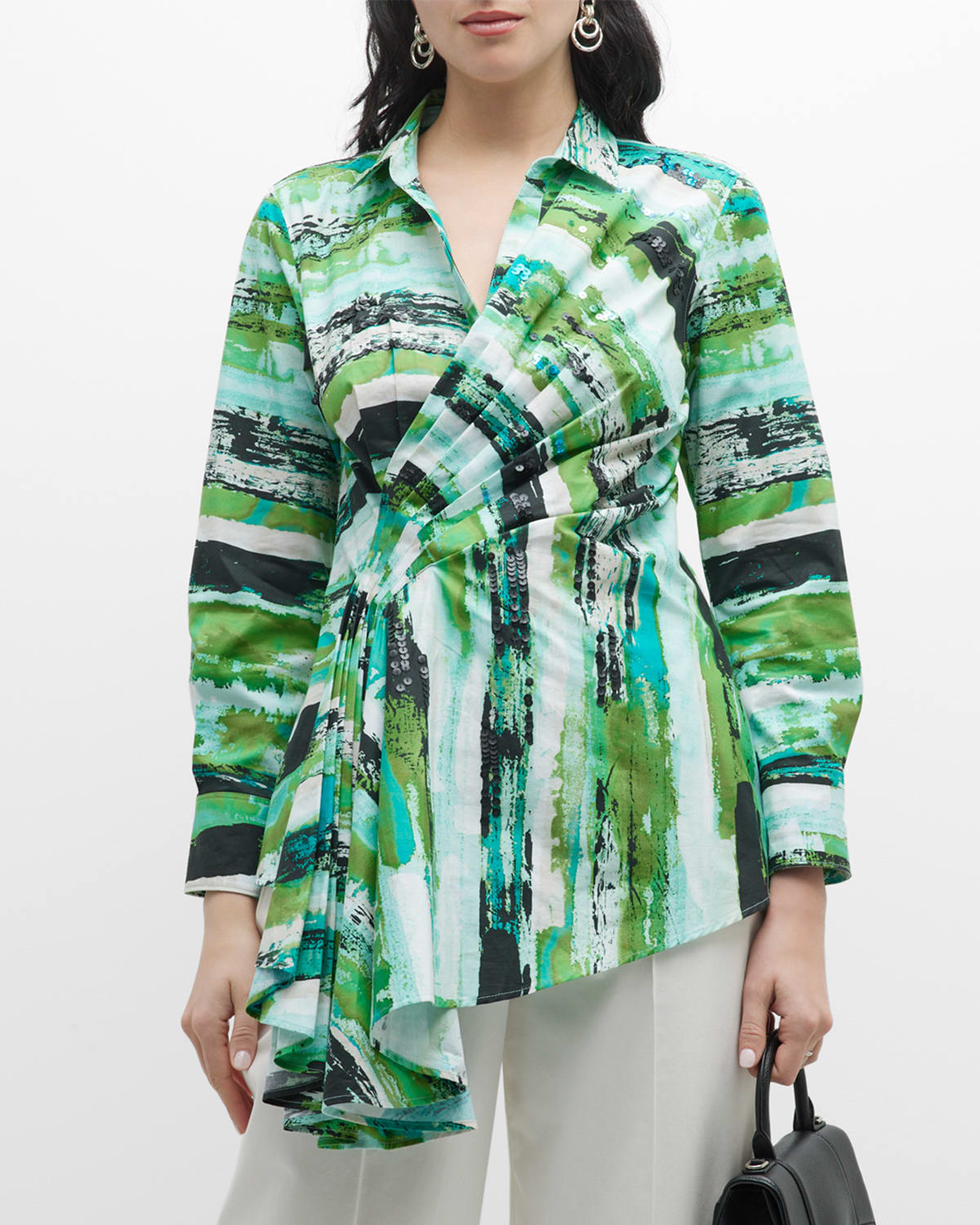 Kazuki Draped Abstract-Print Poplin Shirt