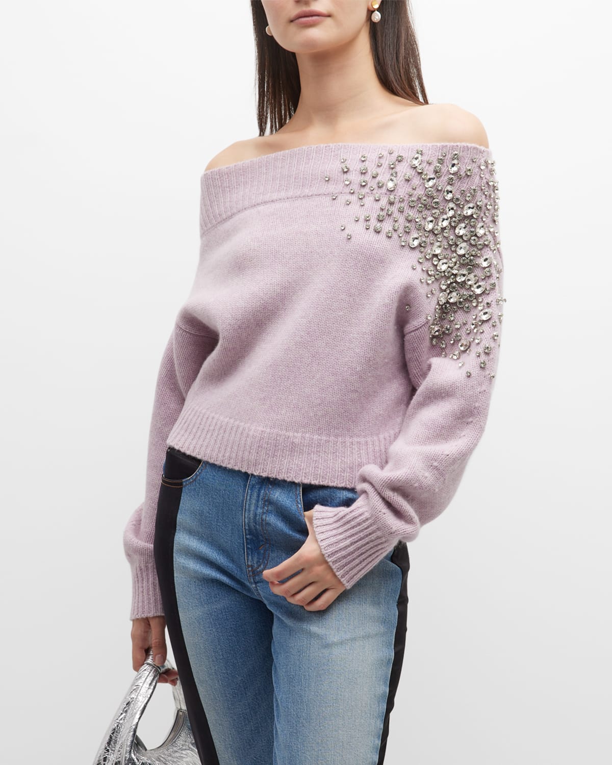Hellessy Bruno Crystal Off-The-Shoulder Cashmere Sweater
