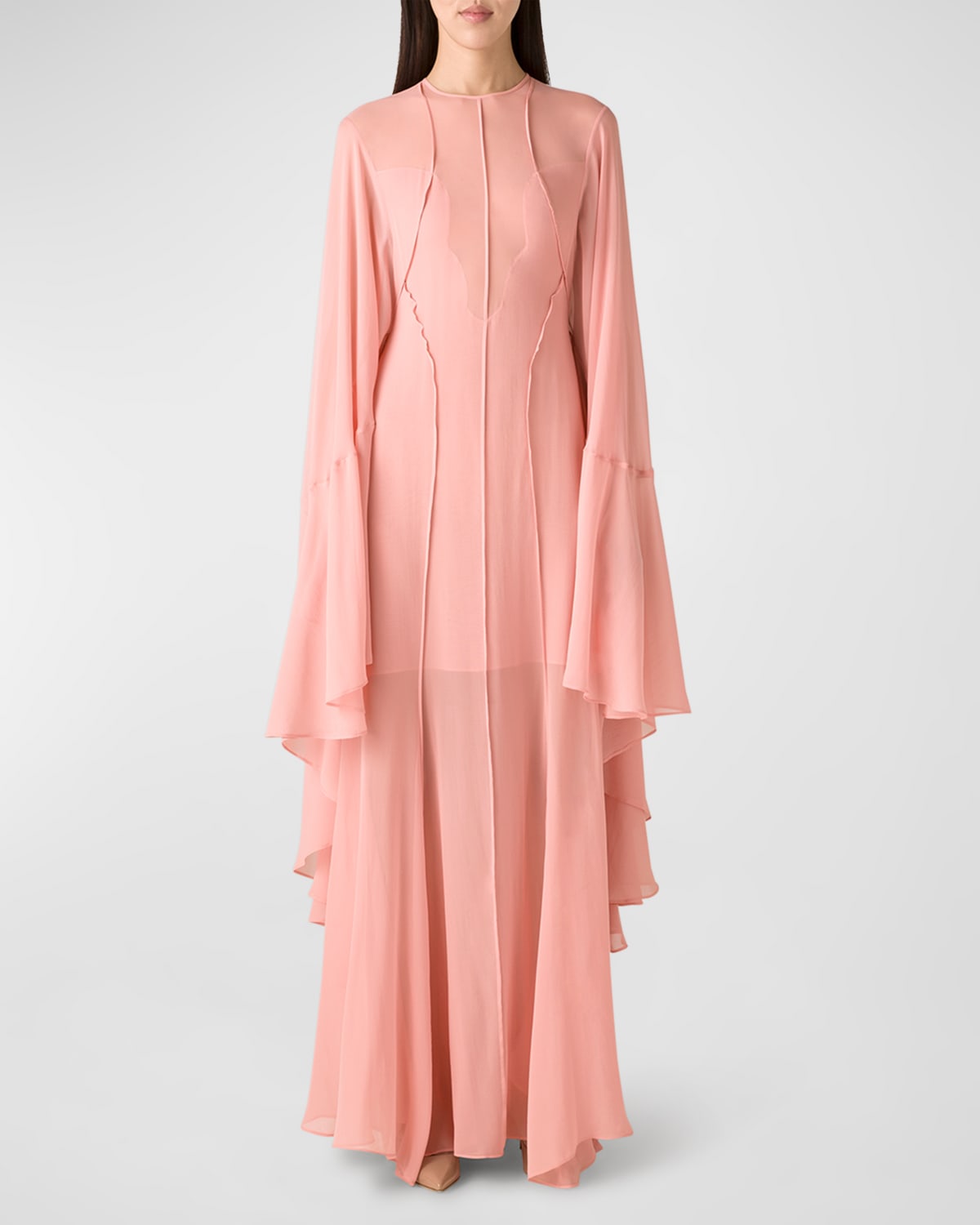 Plunging-Illusion Sheer Silk Georgette Cape Gown