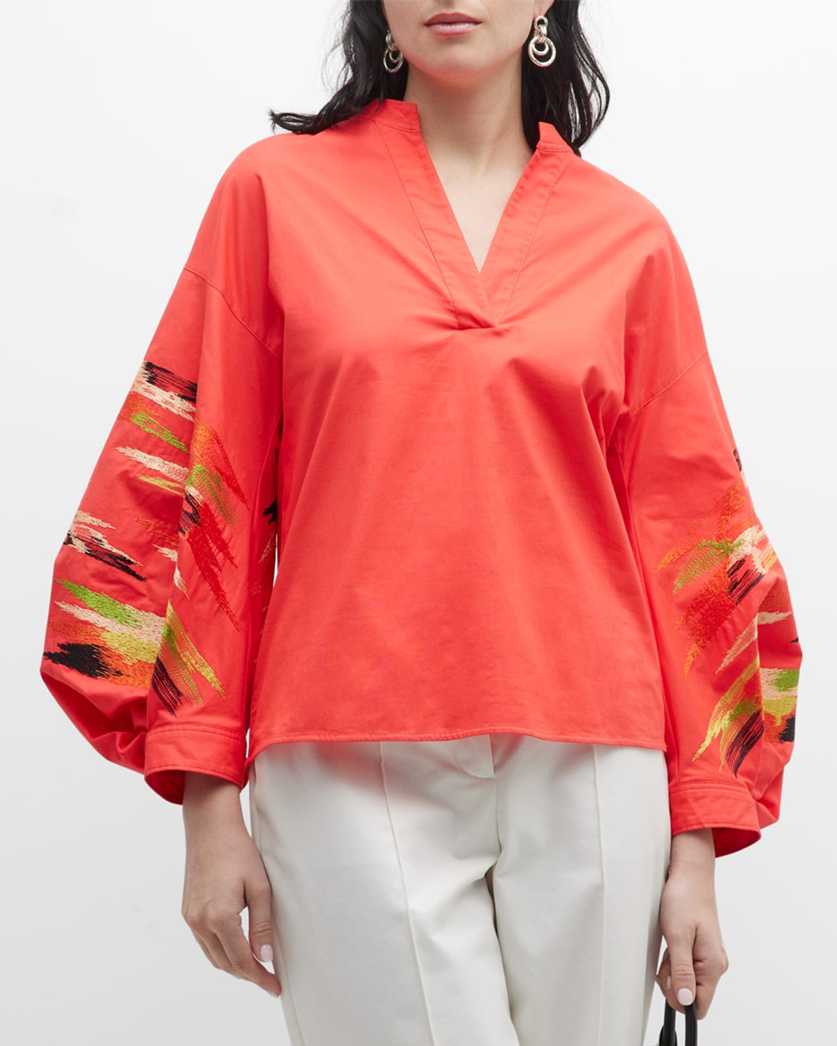 Natori Embroidered Balloon Sleeve Poplin Oversized Shirt In Coral