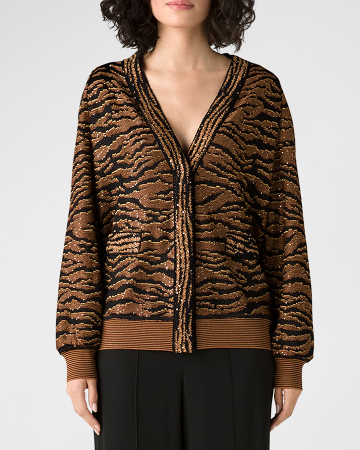 Metallic Tiger Sequin Jacquard Knit V-Neck Cardigan