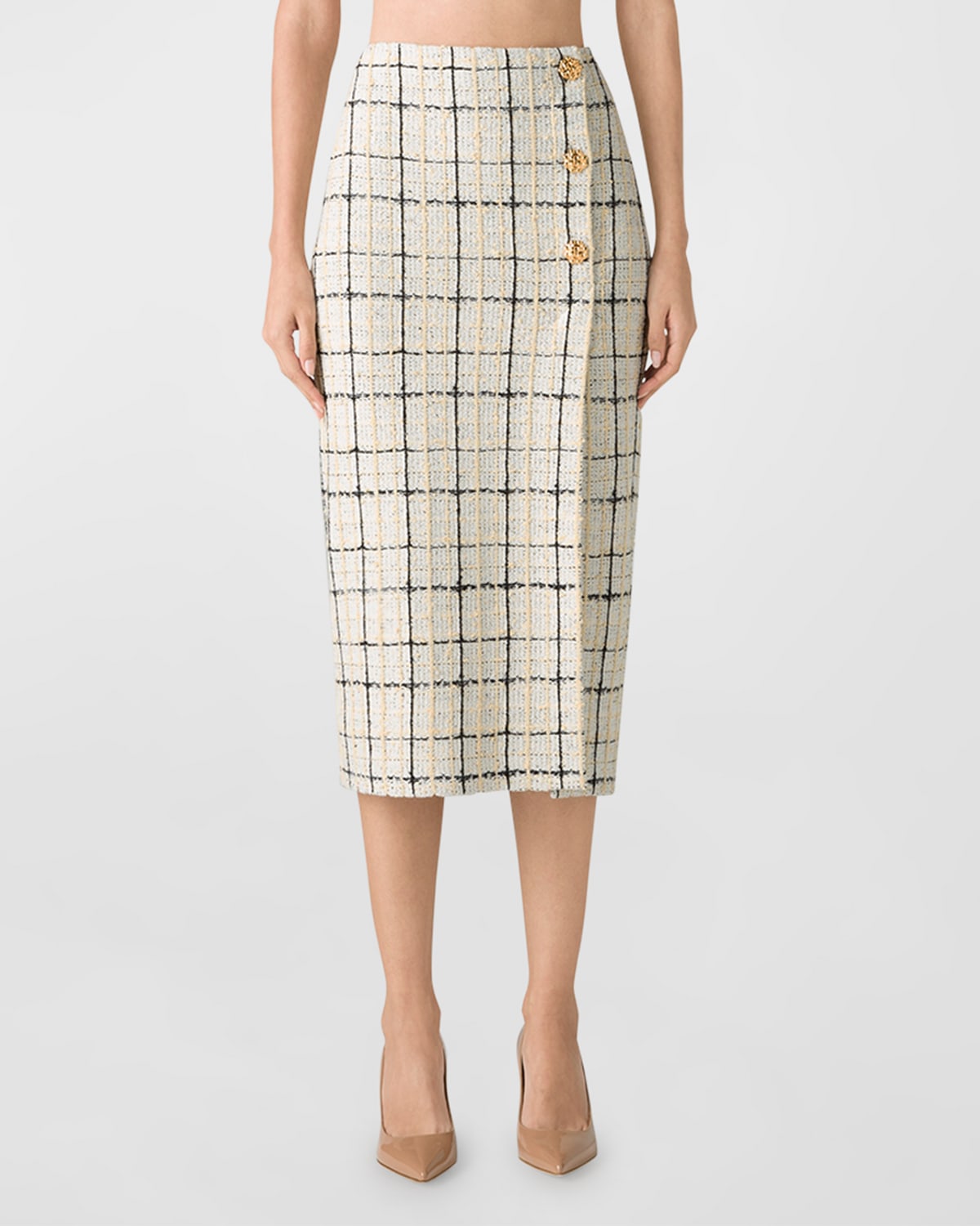 Plaid Boucle Tweed Knit Button-Front Midi Skirt