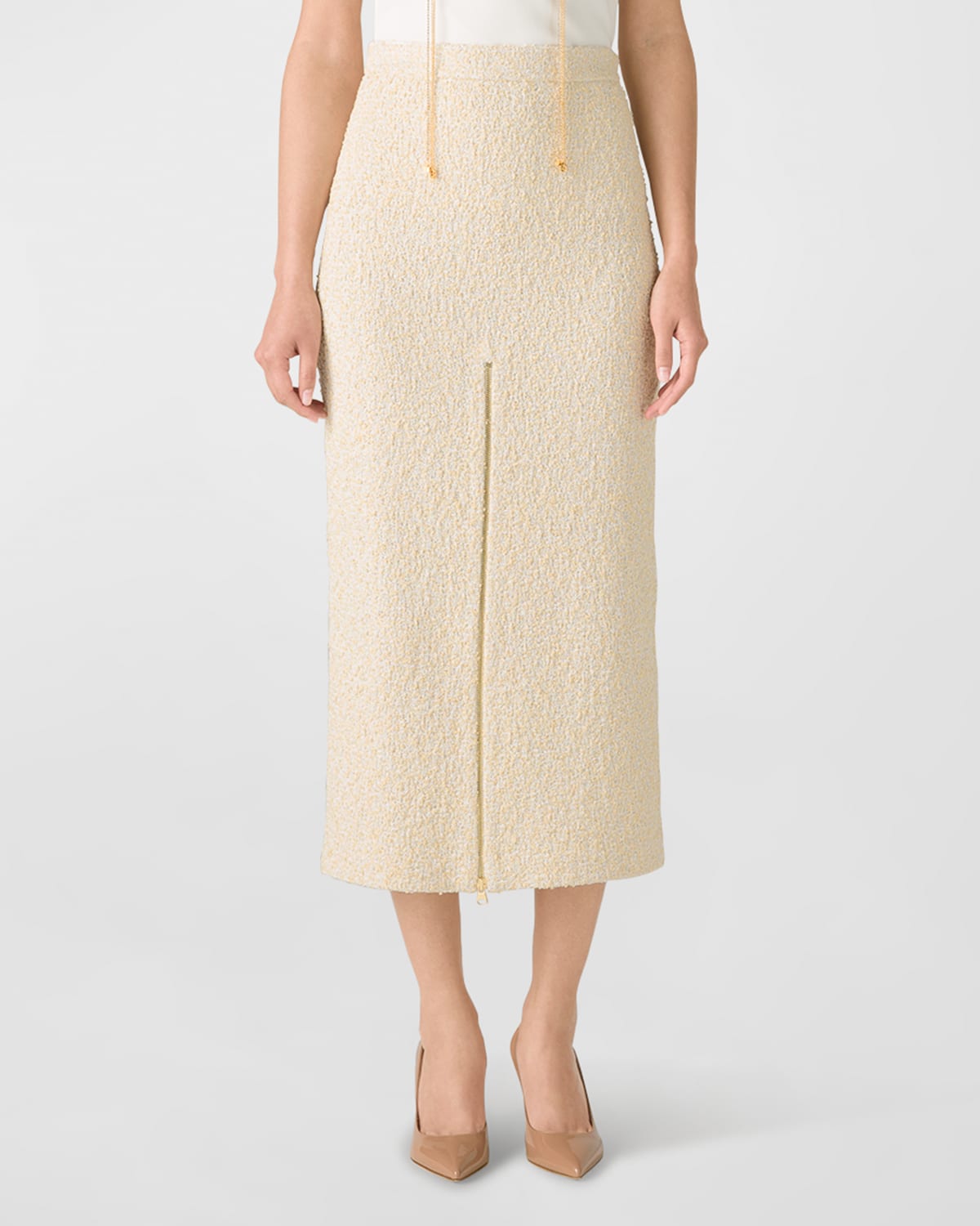 Boucle Tweed Midi Skirt w/ Front Slit Zipper
