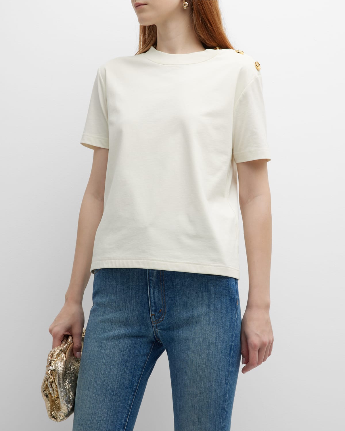 Button-Shoulder Short-Sleeve Jersey T-Shirt